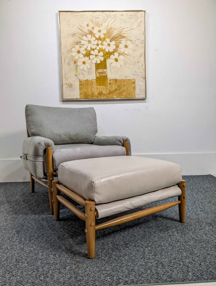 Lafer Style Sage Green Suede Lounge Chair & Leather Ottoman