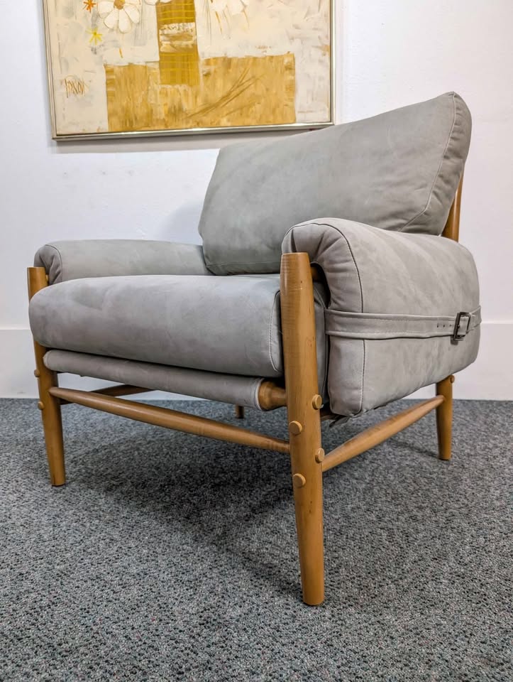 Lafer Style Sage Green Suede Lounge Chair & Leather Ottoman