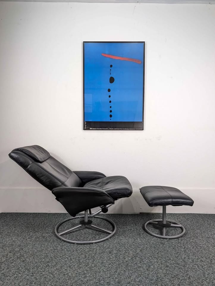 Vintage Pair of Black Leather Malung Lounge Chairs & Ottomans by Ikea
