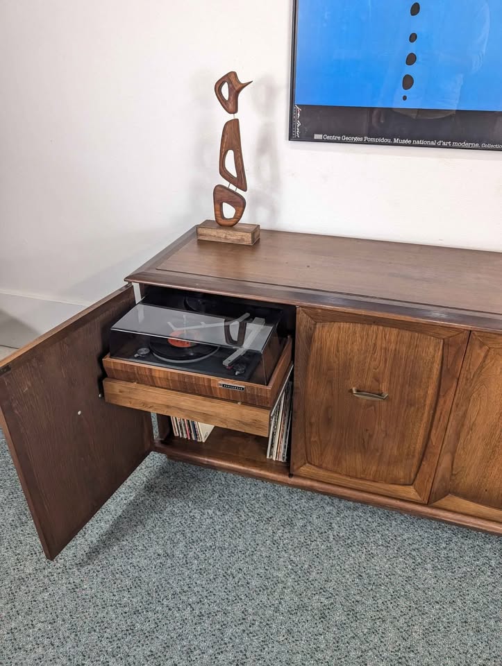 MCM Walnut Record Player Cabinet & Vinyl Storage Credenza by Altec Lansing