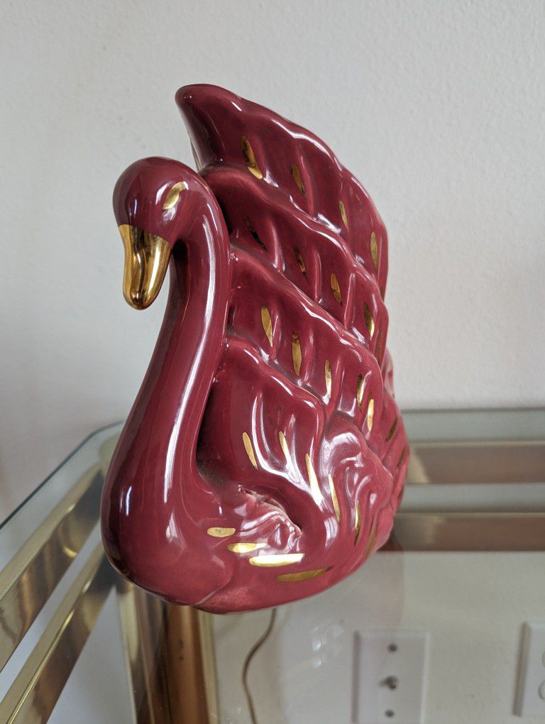 Mid Century Vintage Raspberry & Gold Ceramic Swan Table Lamp Statue