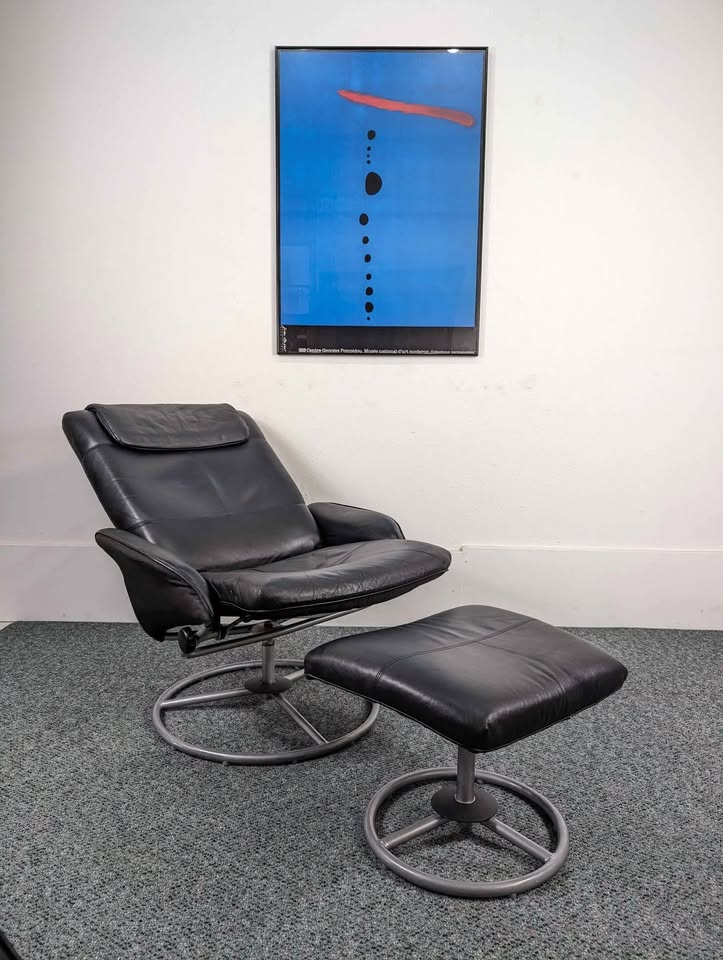 Vintage Pair of Black Leather Malung Lounge Chairs & Ottomans by Ikea