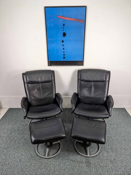 Vintage Pair of Black Leather Malung Lounge Chairs & Ottomans by Ikea