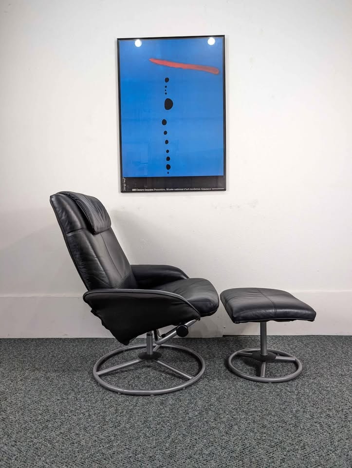 Vintage Pair of Black Leather Malung Lounge Chairs & Ottomans by Ikea