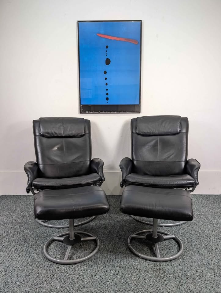 Vintage Pair of Black Leather Malung Lounge Chairs & Ottomans by Ikea