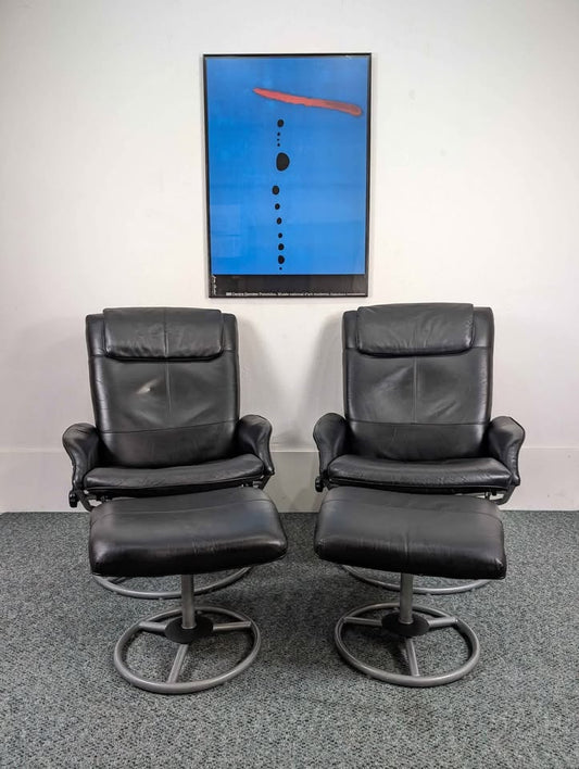 Vintage Pair of Black Leather Malung Lounge Chairs & Ottomans by Ikea