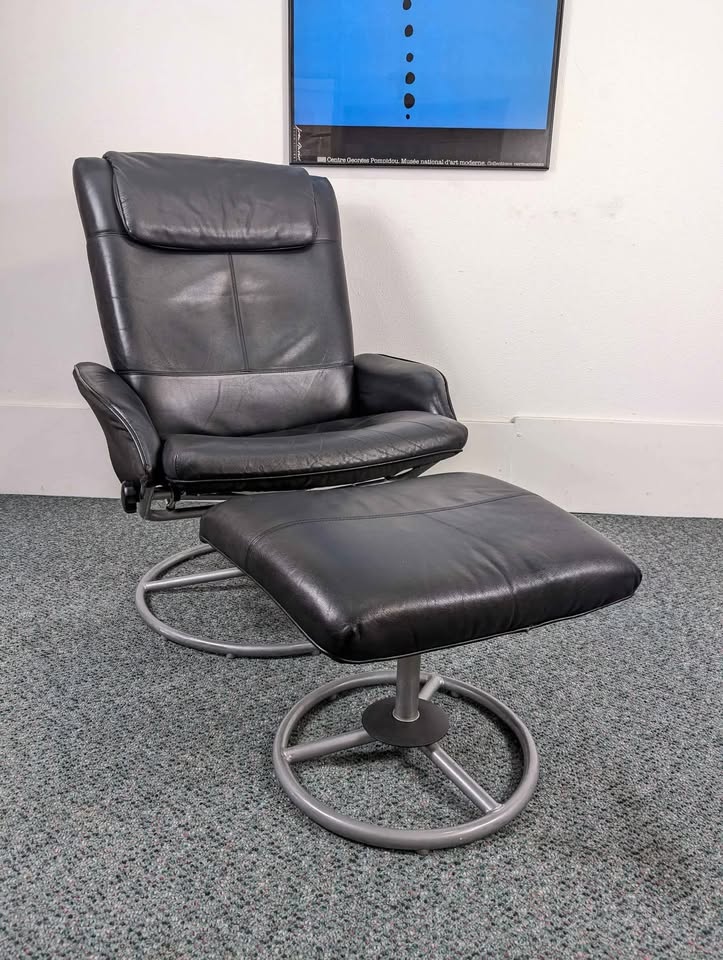 Vintage Pair of Black Leather Malung Lounge Chairs & Ottomans by Ikea