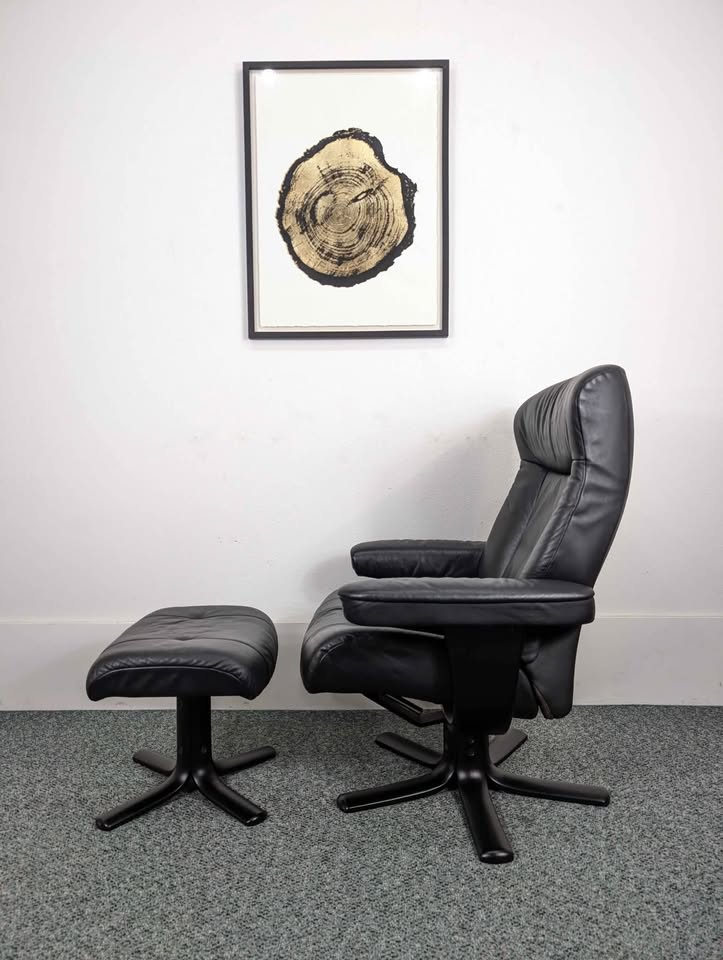 Small Black Leather Stressless Lounge Chair Recliner & Ottoman by Fjords