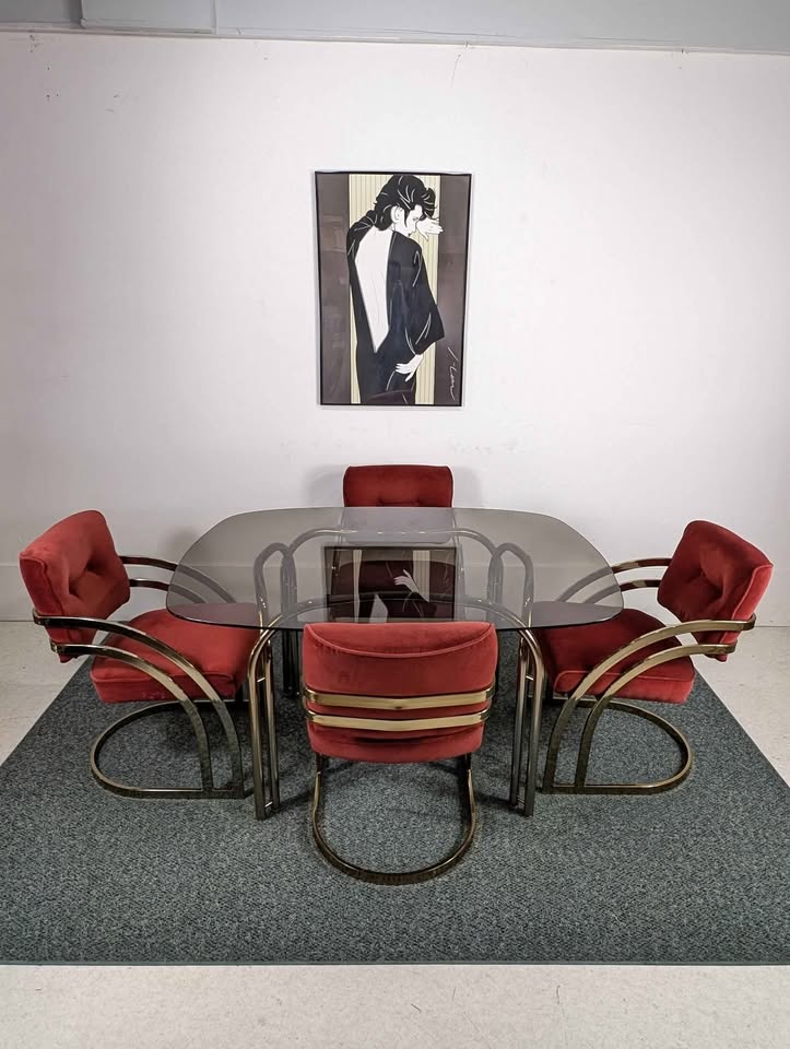 Vintage Cranberry Velvet, Brass & Smoked Glass Dining Table Set by Cal Style
