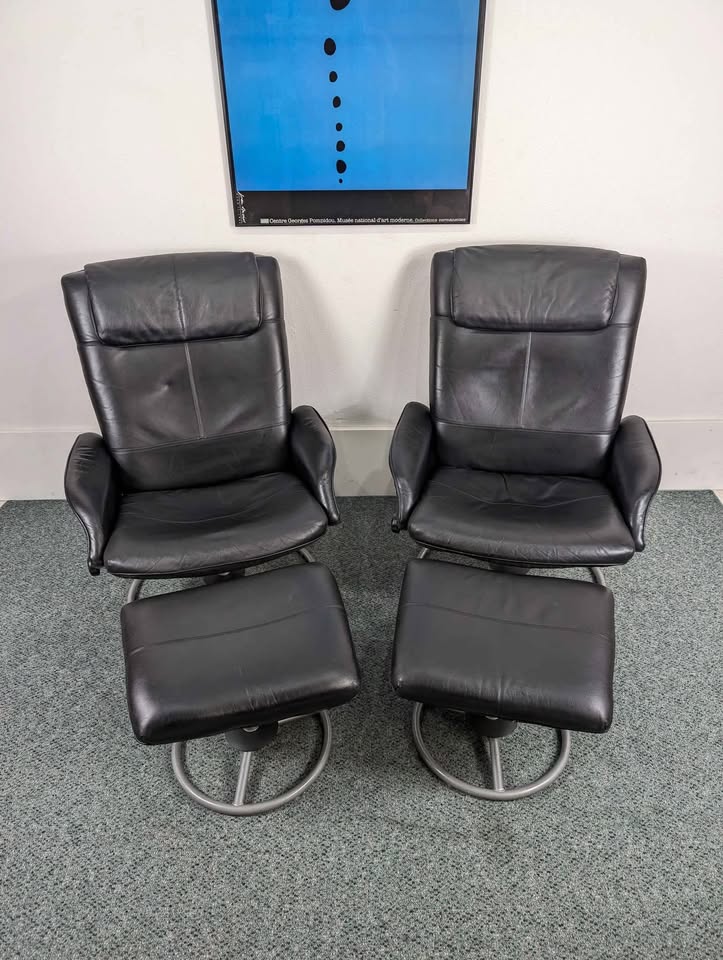 Vintage Pair of Black Leather Malung Lounge Chairs & Ottomans by Ikea