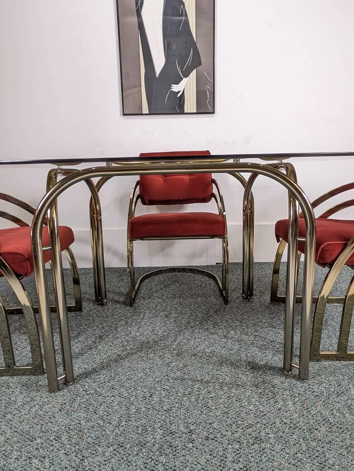 Vintage Cranberry Velvet, Brass & Smoked Glass Dining Table Set by Cal Style