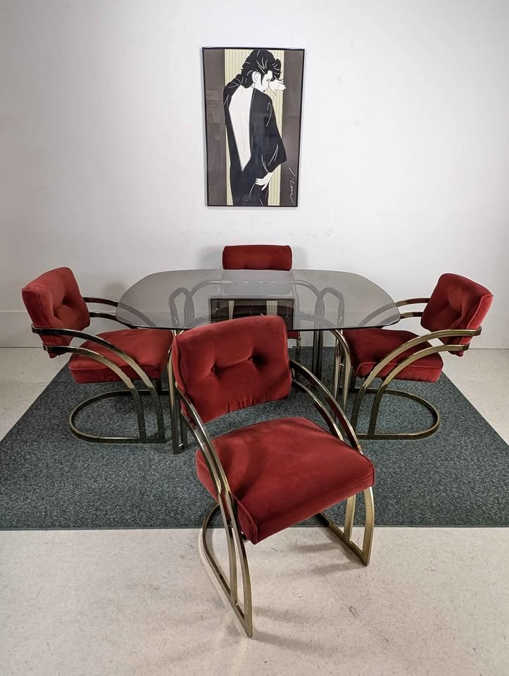Vintage Cranberry Velvet, Brass & Smoked Glass Dining Table Set by Cal Style