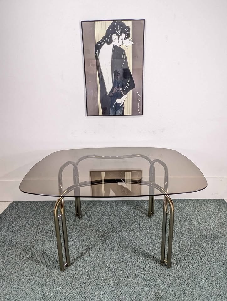 Vintage Cranberry Velvet, Brass & Smoked Glass Dining Table Set by Cal Style