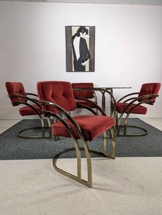 Vintage Cranberry Velvet, Brass & Smoked Glass Dining Table Set by Cal Style