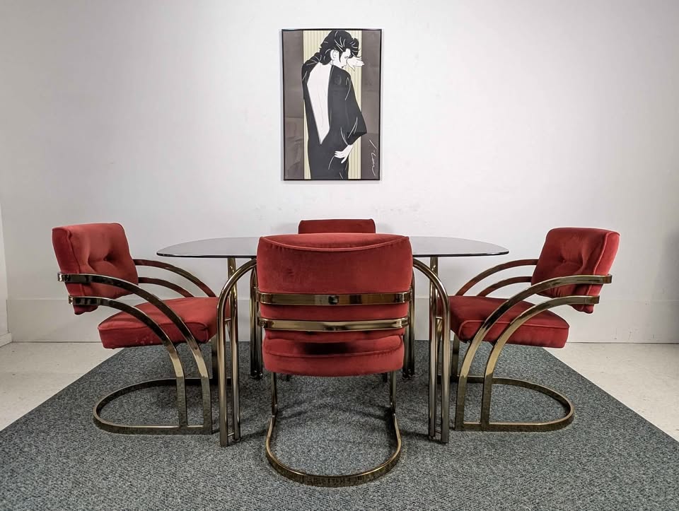Vintage Cranberry Velvet, Brass & Smoked Glass Dining Table Set by Cal Style