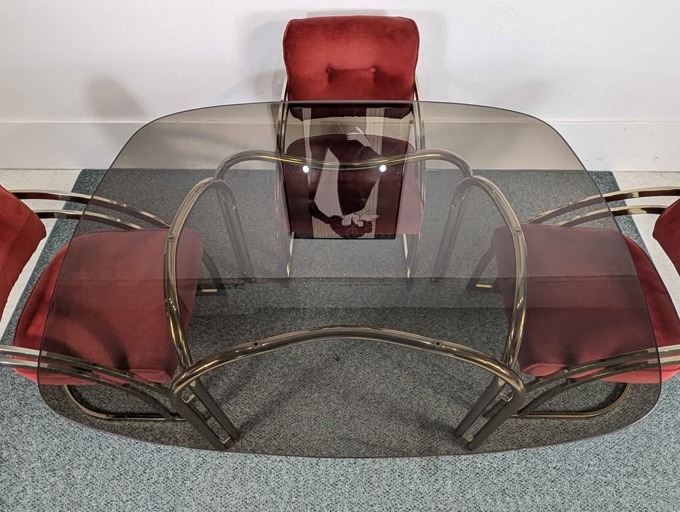 Vintage Cranberry Velvet, Brass & Smoked Glass Dining Table Set by Cal Style