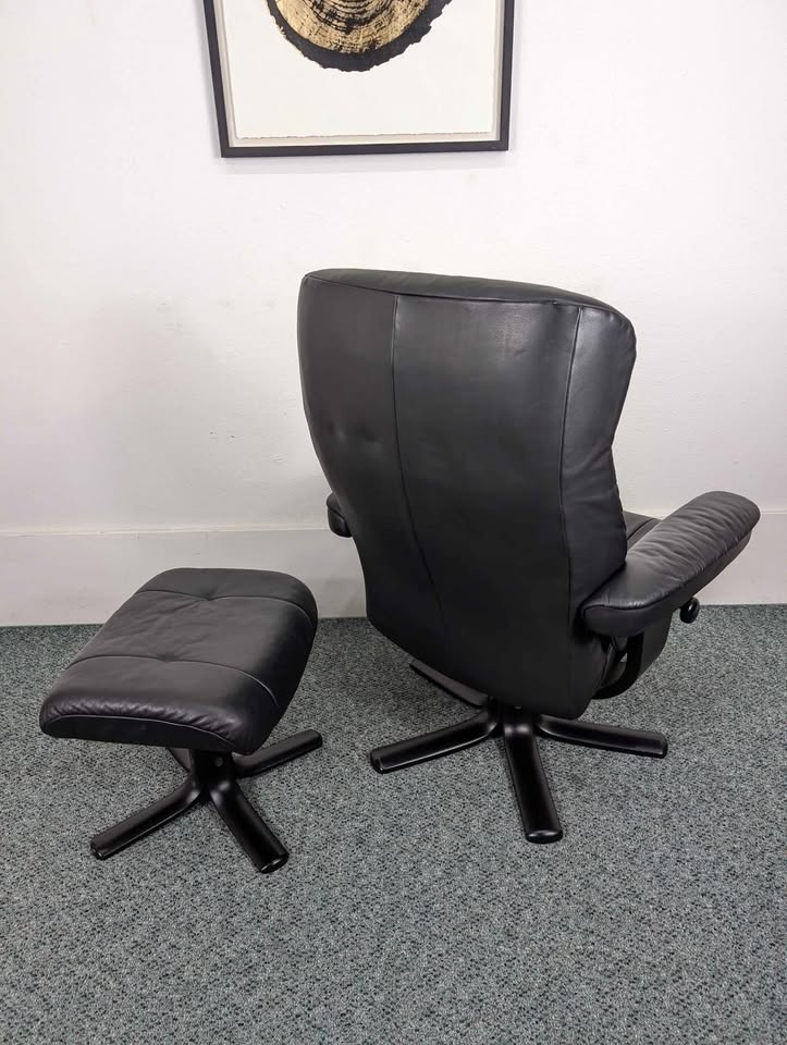 Small Black Leather Stressless Lounge Chair Recliner & Ottoman by Fjords