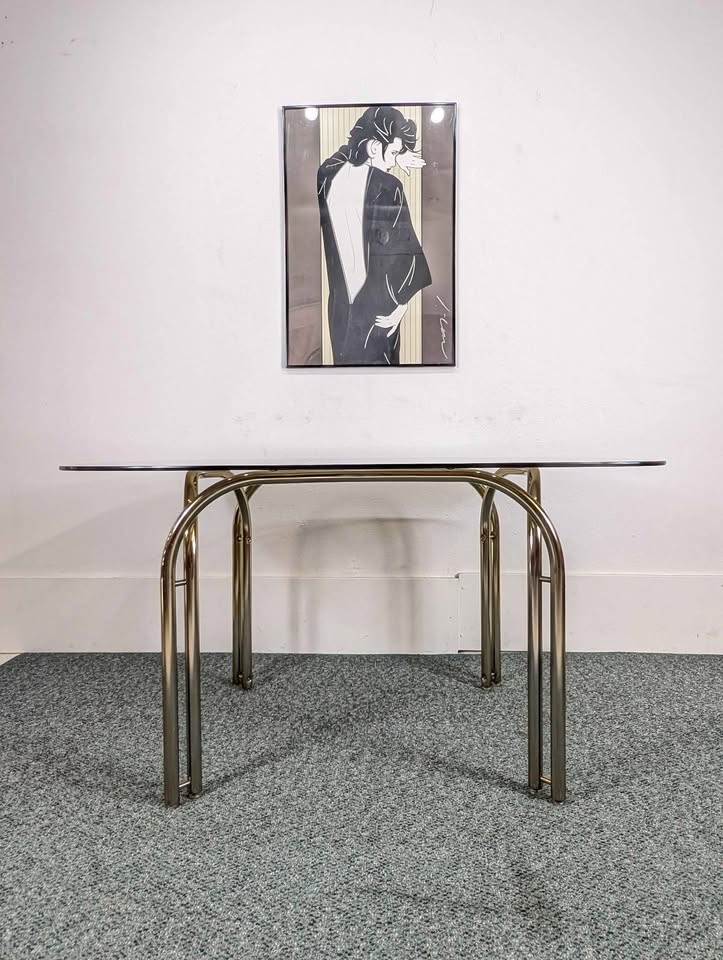 Vintage Cranberry Velvet, Brass & Smoked Glass Dining Table Set by Cal Style