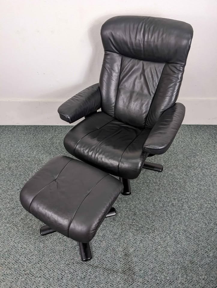 Small Black Leather Stressless Lounge Chair Recliner & Ottoman by Fjords