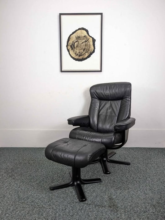 Small Black Leather Stressless Lounge Chair Recliner & Ottoman by Fjords
