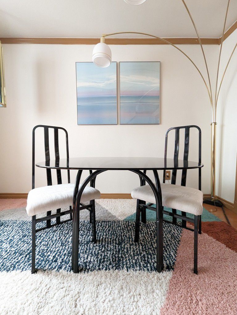Black Lacquered Postmodern Chairs w/ White Upholstery by Cal Style
