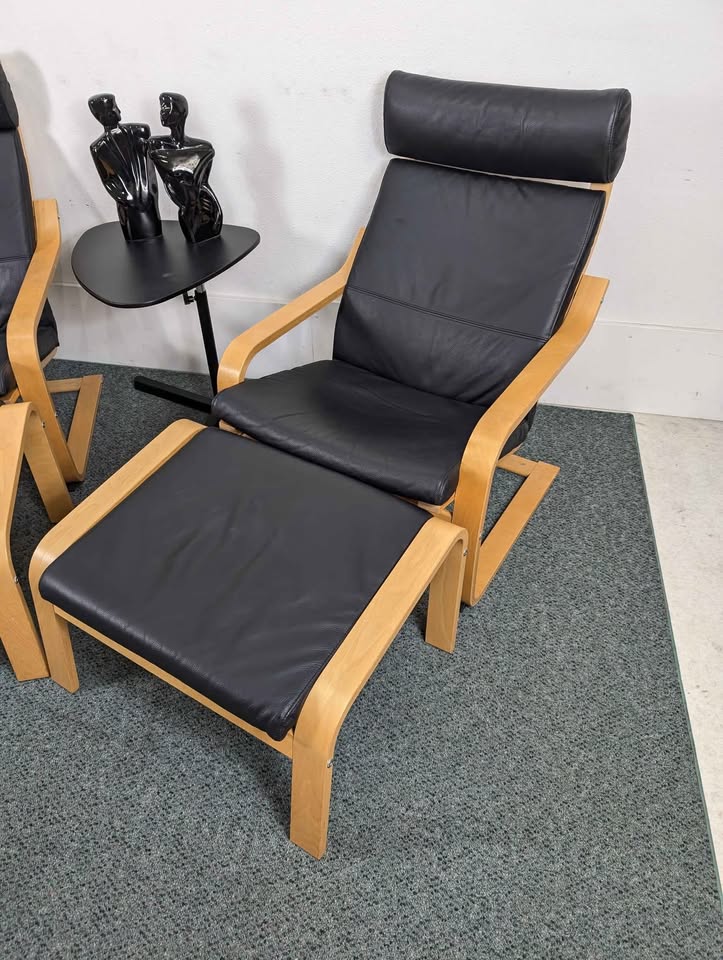 Pair of Black Leather & Birch IKEA Poang Lounge Chairs & Ottomans