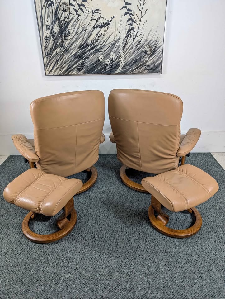 Pair of Beige Leather Ekornes Stressless Lounge Chairs & Ottomans