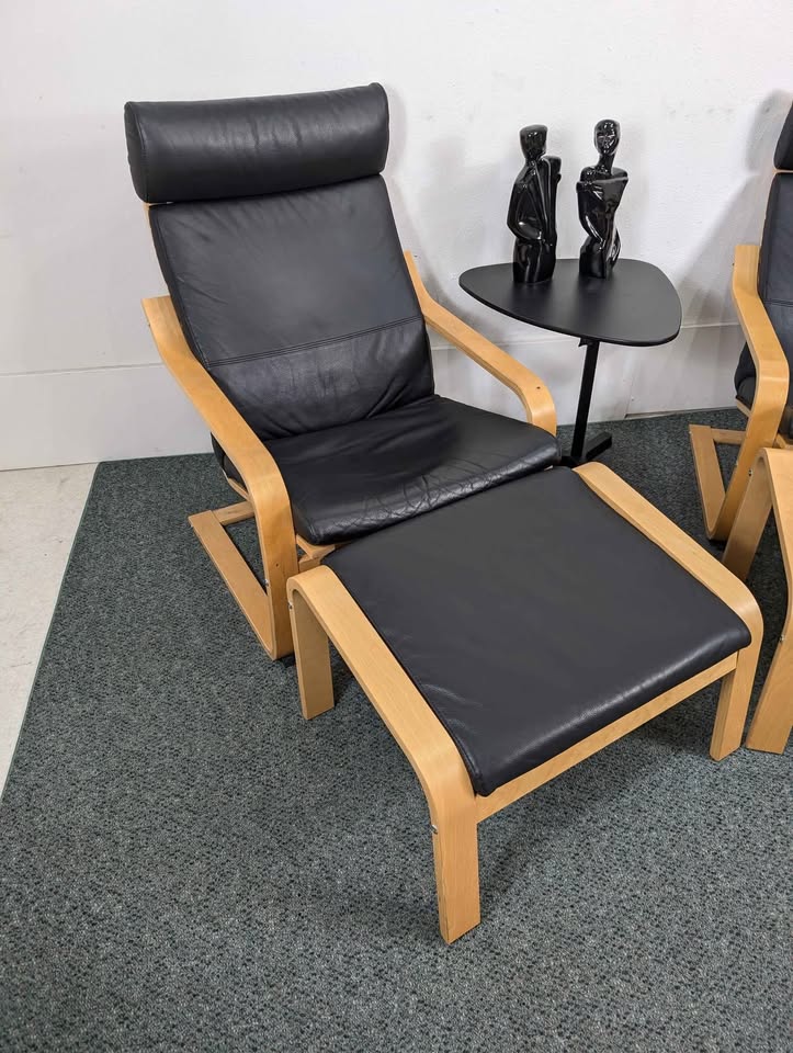 Pair of Black Leather & Birch IKEA Poang Lounge Chairs & Ottomans