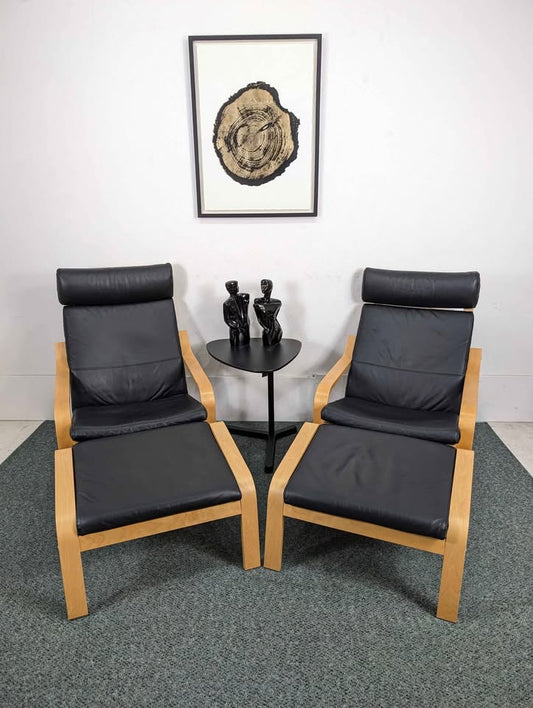 Pair of Black Leather & Birch IKEA Poang Lounge Chairs & Ottomans