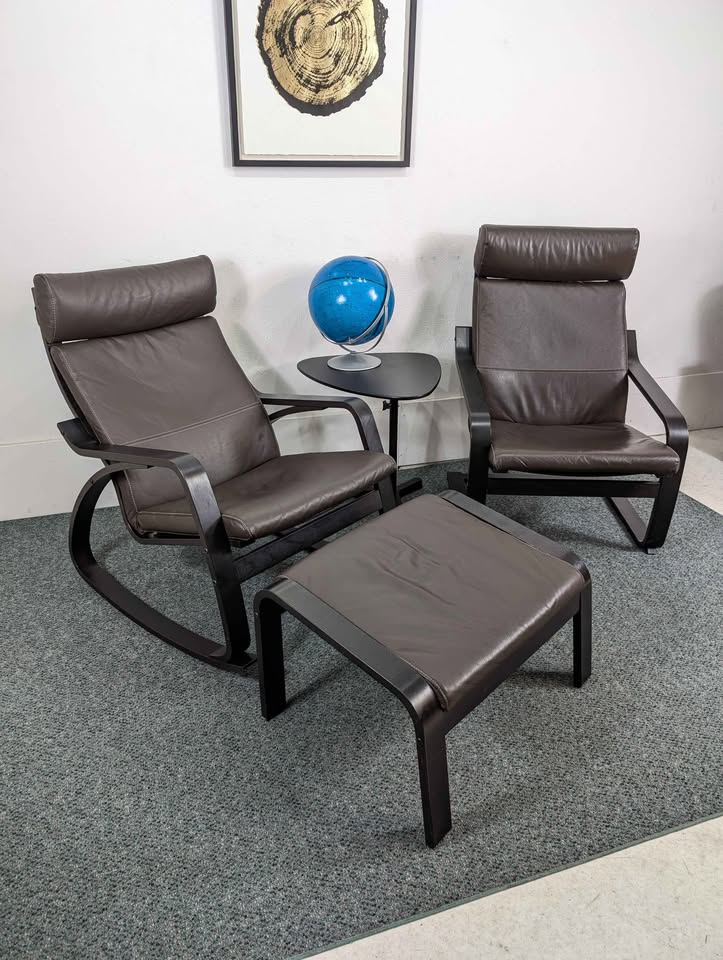 Pair of Brown Leather & Black Framed IKEA Poang Lounge Chairs