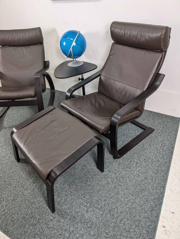 Pair of Brown Leather & Black Framed IKEA Poang Lounge Chairs