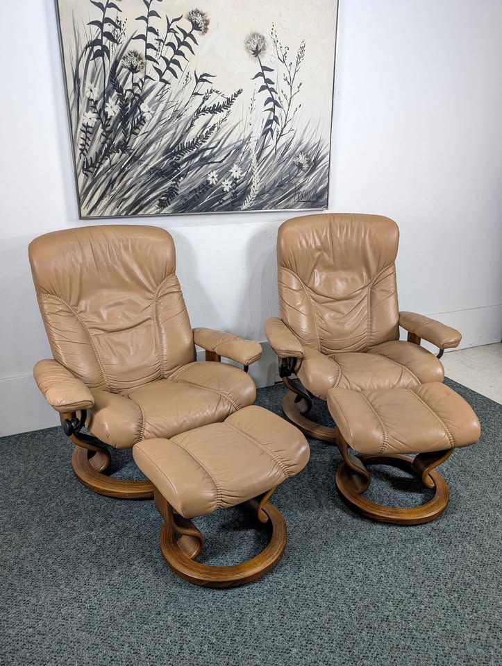 Pair of Beige Leather Ekornes Stressless Lounge Chairs & Ottomans