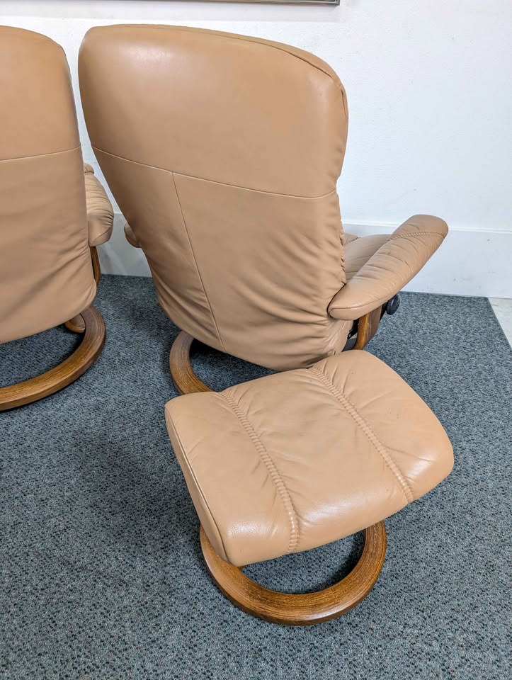 Pair of Beige Leather Ekornes Stressless Lounge Chairs & Ottomans