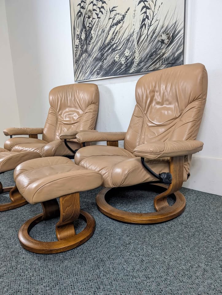 Pair of Beige Leather Ekornes Stressless Lounge Chairs & Ottomans