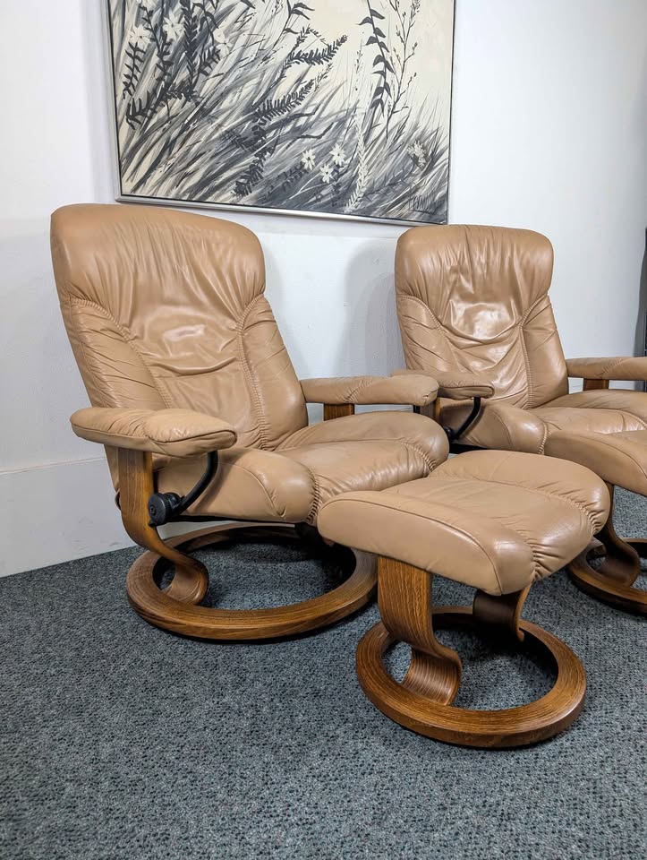 Pair of Beige Leather Ekornes Stressless Lounge Chairs & Ottomans