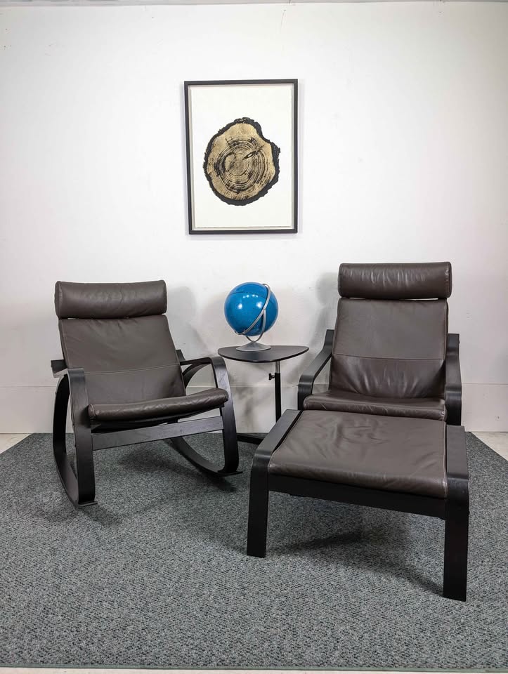 Pair of Brown Leather & Black Framed IKEA Poang Lounge Chairs