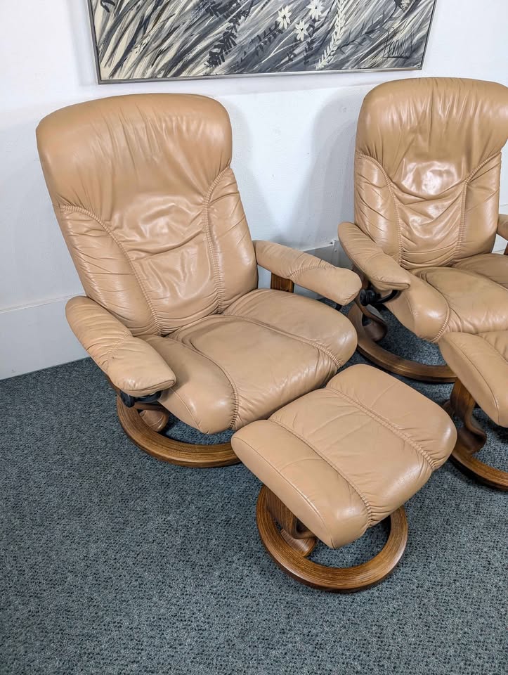 Pair of Beige Leather Ekornes Stressless Lounge Chairs & Ottomans