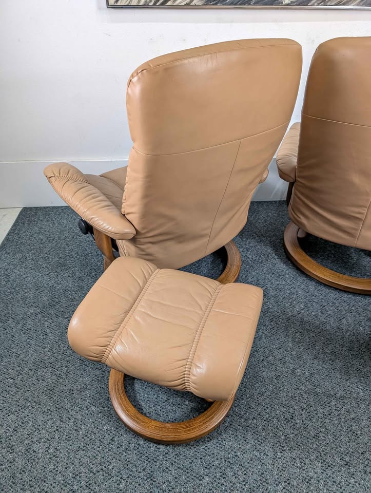 Pair of Beige Leather Ekornes Stressless Lounge Chairs & Ottomans