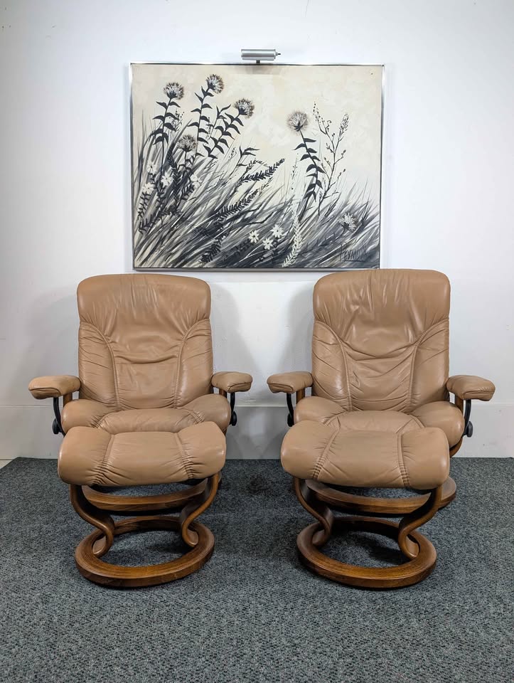 Pair of Beige Leather Ekornes Stressless Lounge Chairs & Ottomans