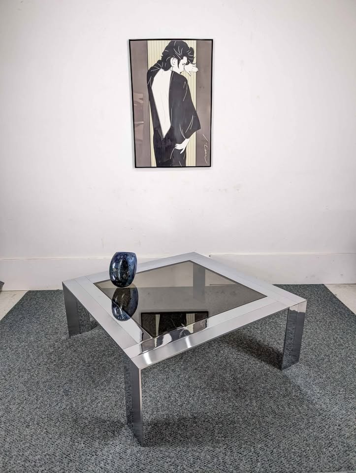 Chrome & Steel Cocktail Table w/ Smoked Glass by Elaine Cohen for DIA