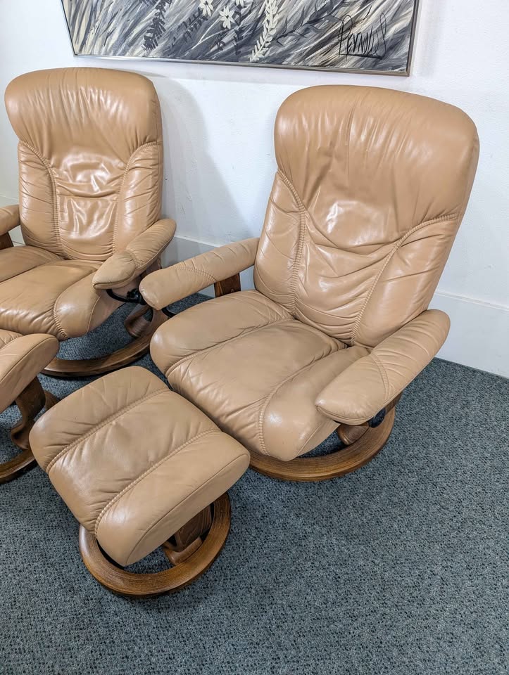 Pair of Beige Leather Ekornes Stressless Lounge Chairs & Ottomans