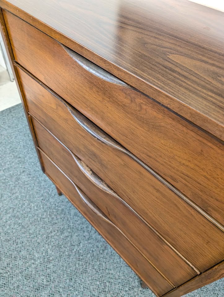 Handsome Little MCM Walnut 4 Drawer Laminate Top Highboy