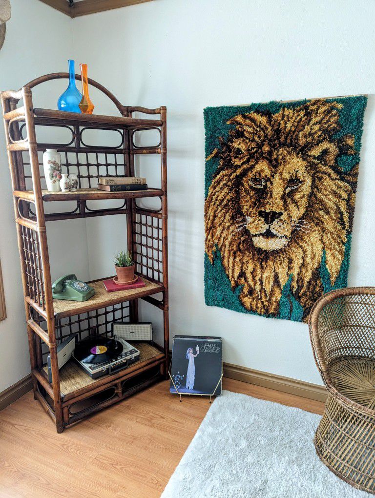 1970's Mid Century Boho Latch Hook Tiger & Lion Wall Art