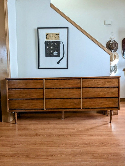 Mid Century Modern 9 Drawer Walnut Dresser by Bassett