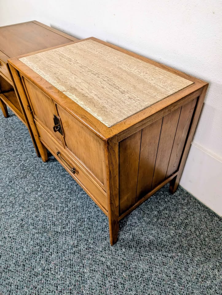 Gorgeous Set of Meridian Collection Walnut Nightstands by Drexel