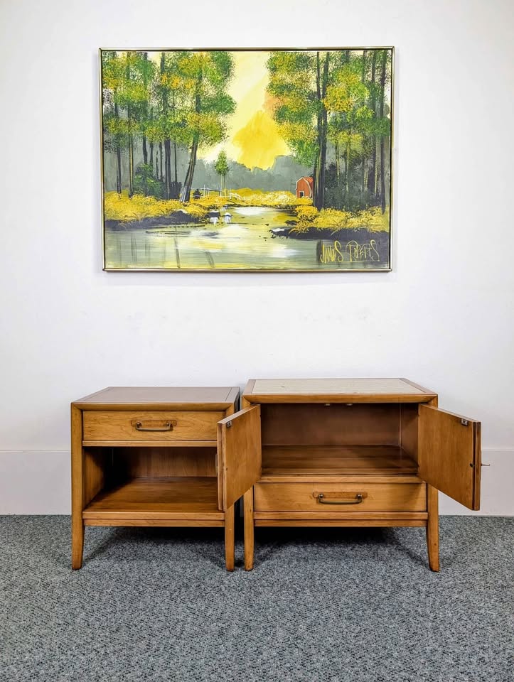 Gorgeous Set of Meridian Collection Walnut Nightstands by Drexel