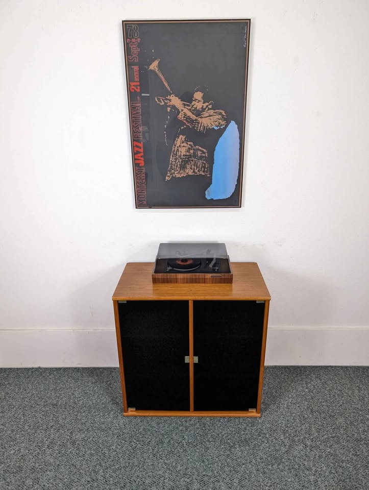 Danish Modern Teak & Smoked Glass Record Player Stand & Storage Media Cabinet