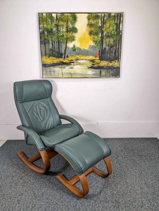 Ekornes Stressless Teak & Leather Lounge Chair Rocker Recliner & Ottoman