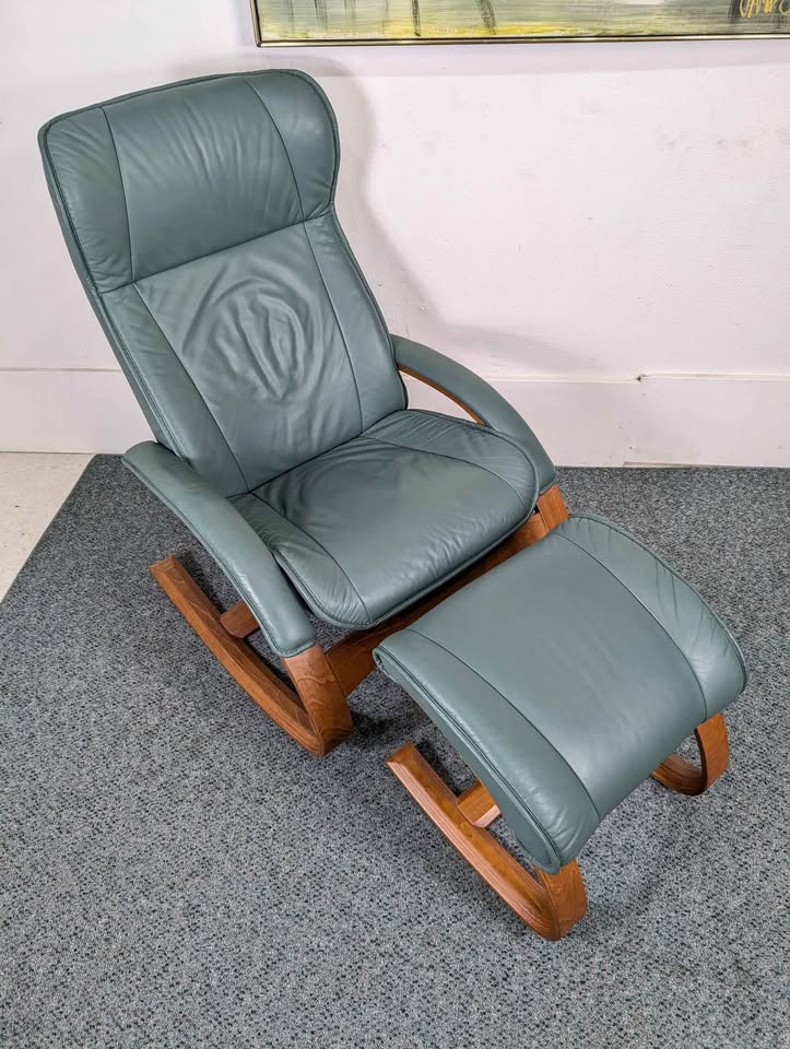 Ekornes Stressless Teak & Leather Lounge Chair Rocker Recliner & Ottoman