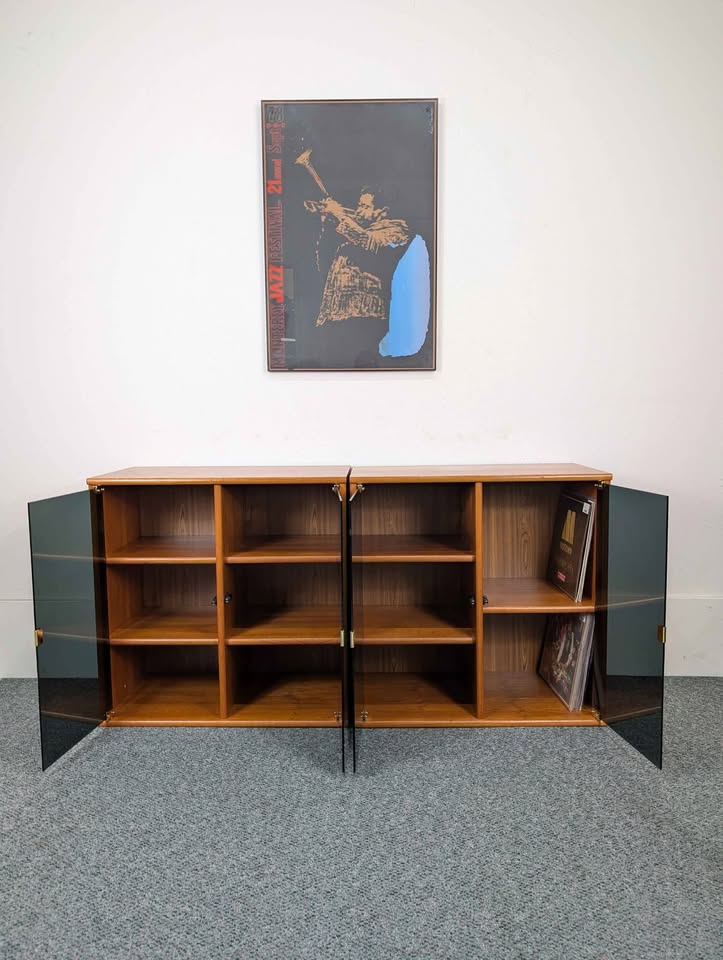 Danish Modern Teak & Smoked Glass Record Player Stand & Storage Media Cabinet